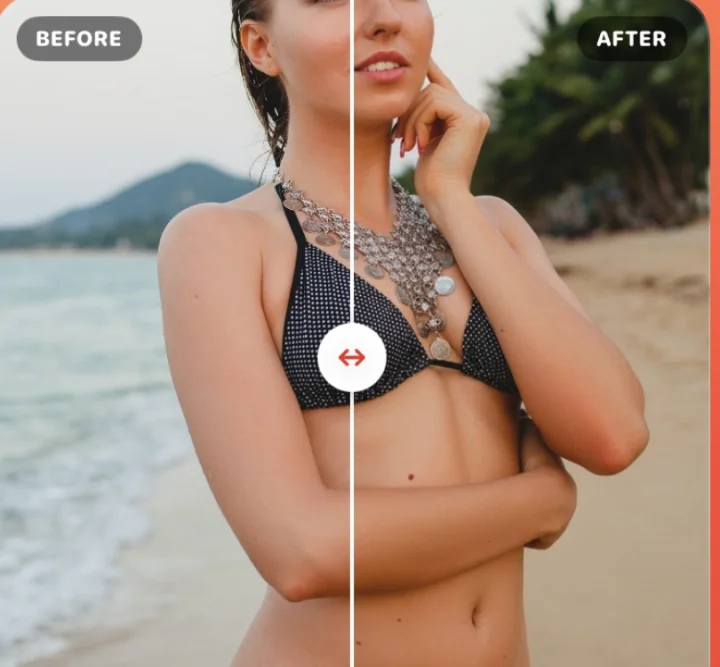 Real before/after AI bronzed preview example from the Tanning App